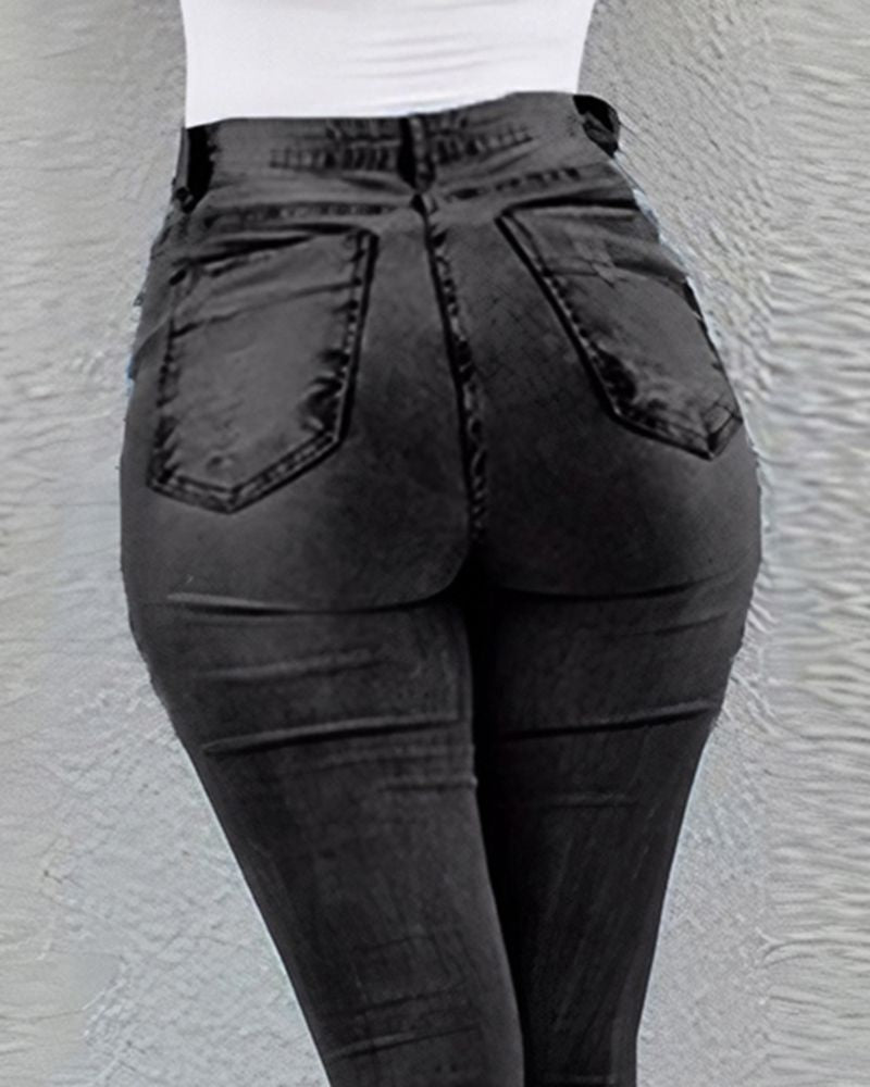 Split Hem Ripped Pocket Detail High Waist Flare Jeans-Pinkami