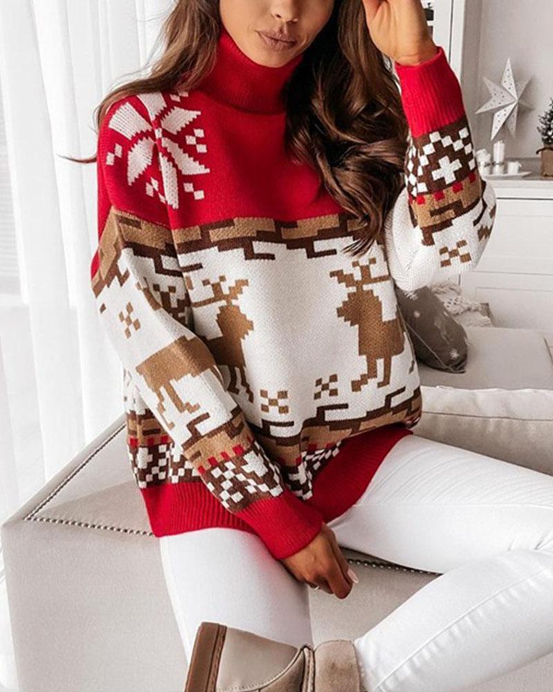 Colorblock Christmas Print Turtleneck Sweater-Pinkami