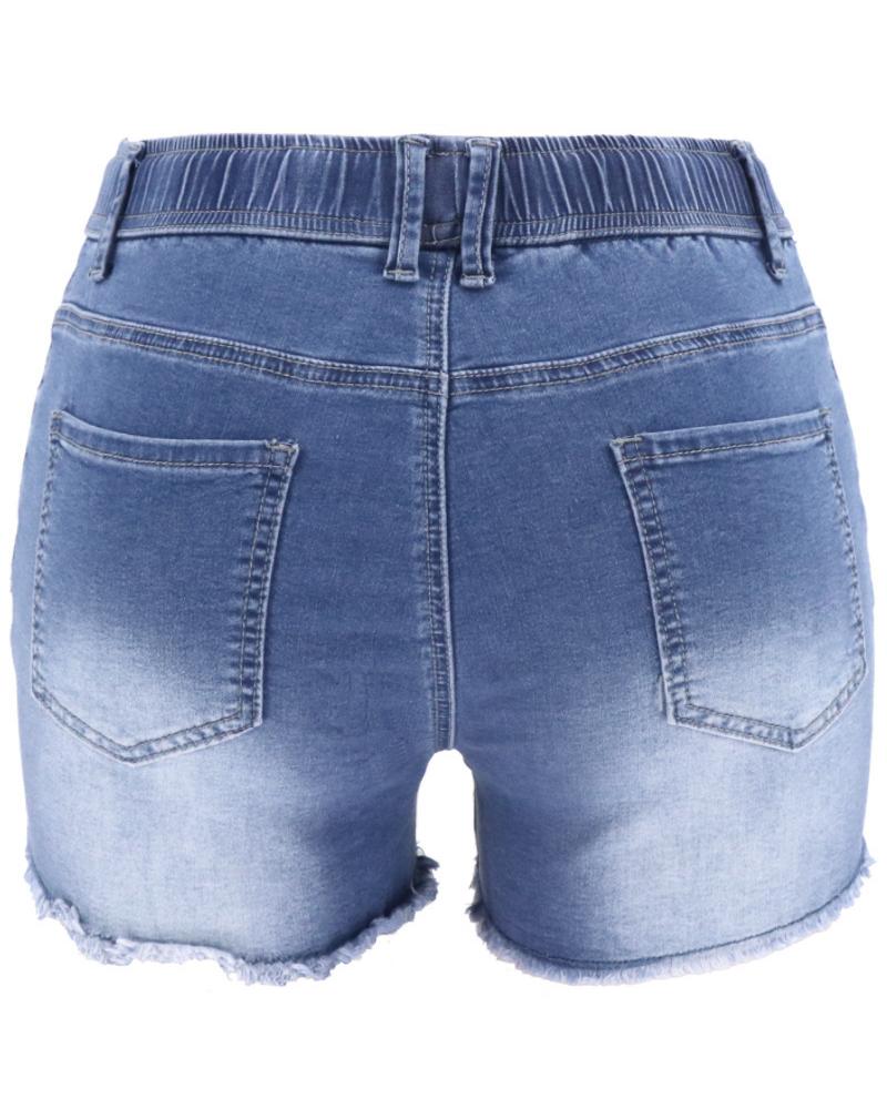 Women Drawstring Raw Edge High Waist Denim Short-Pinkami