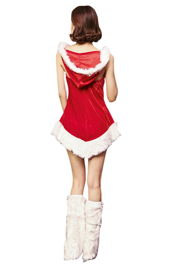 Womens Sexy Hooded Backless Tube Fur Trim Christmas Santa Costume Red-Pinkami