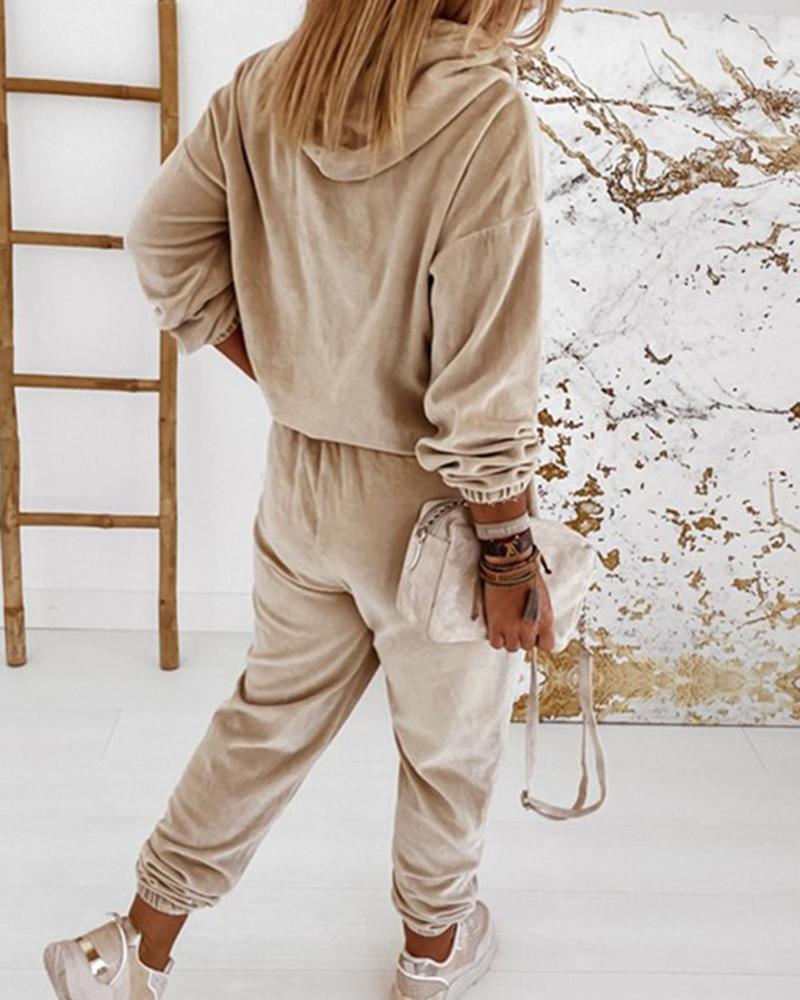 Solid Velvet Drawstring Detail Hoodie & Pants Set-Pinkami