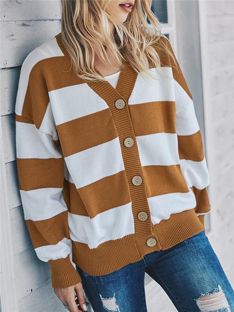 Color Block Buttons Up Sweater Cardigan-Pinkami