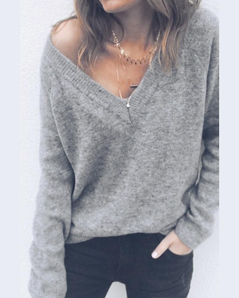 Solid Long Sleeve V Neck Sweater-Pinkami