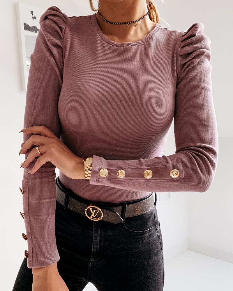 Rib Knit Leg-of-mutton Sleeve Button Trim Sweater-Pinkami