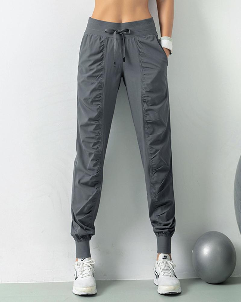 Quick Dry Drawstring Waist Ruched Front Sports Pants For Women-Pinkami