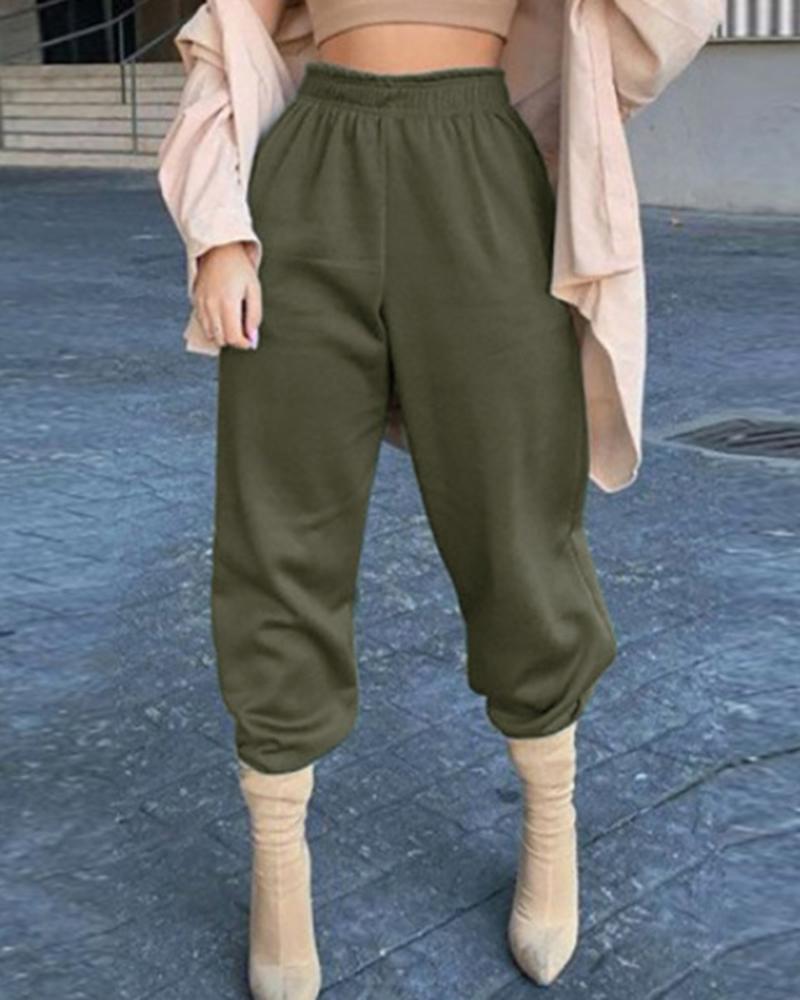 Slant Pokcet Elastic Waist Straight Leg Sports Pants For Women-Pinkami