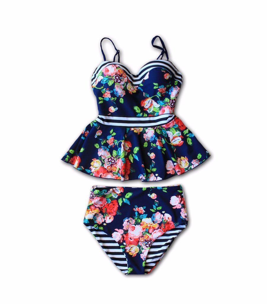 Dark Blue Sweetheart High Waisted Stripe Floral Print Ruffle Cute Peplum Tankini Swimsuit