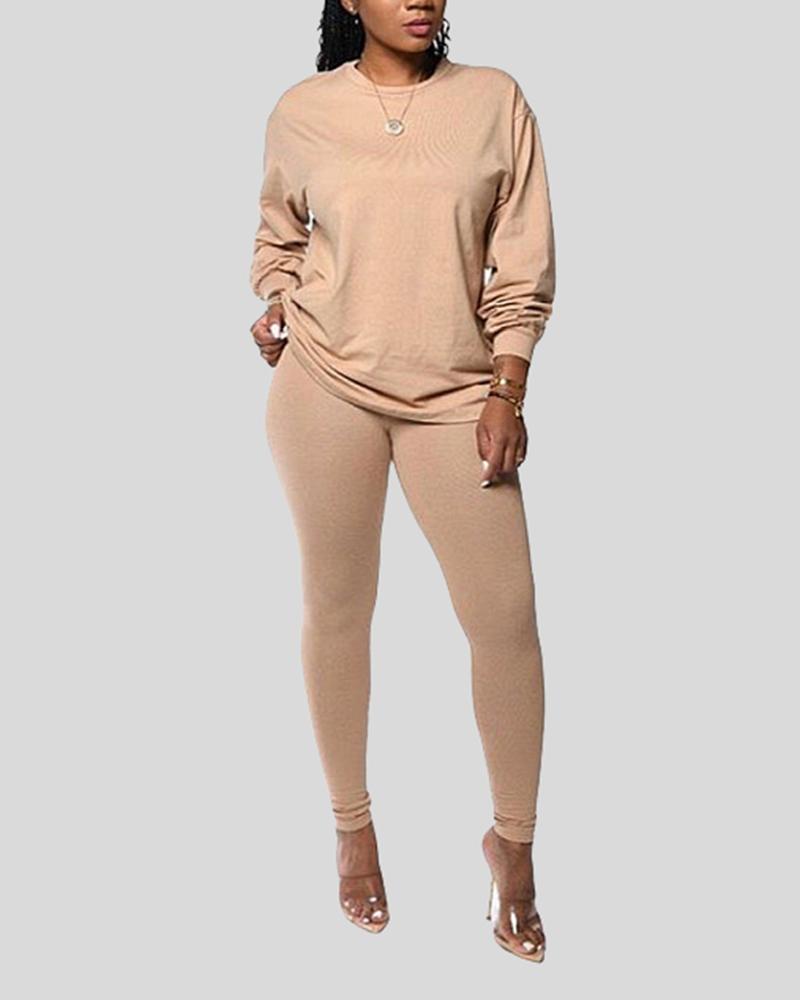 Solid Round Neck Tee & Pants Set-Pinkami