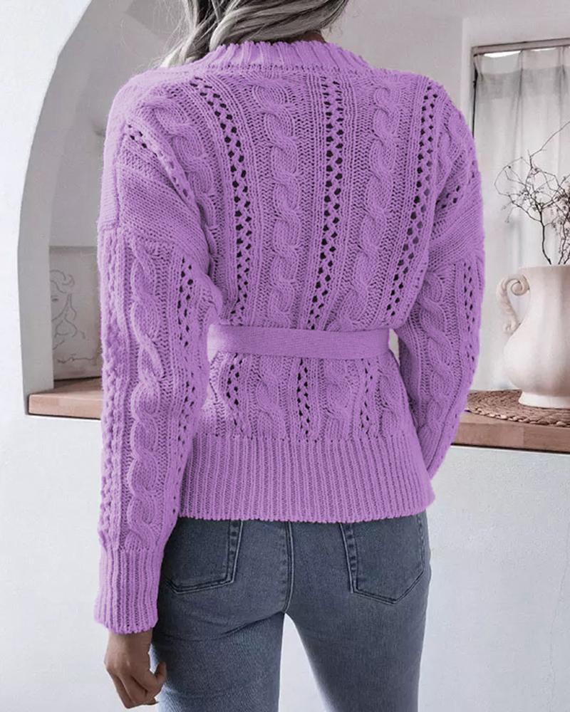 Solid Cable Knit Button Up Self-Tie Sweater-Pinkami