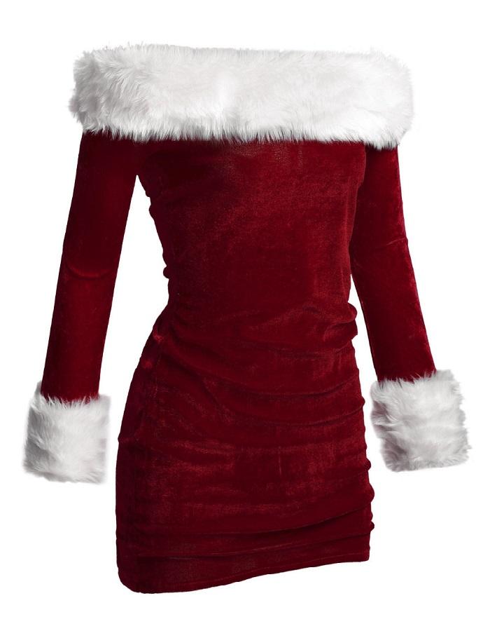 Women Sexy Velvet Dress Off Shoulder Santa Costume