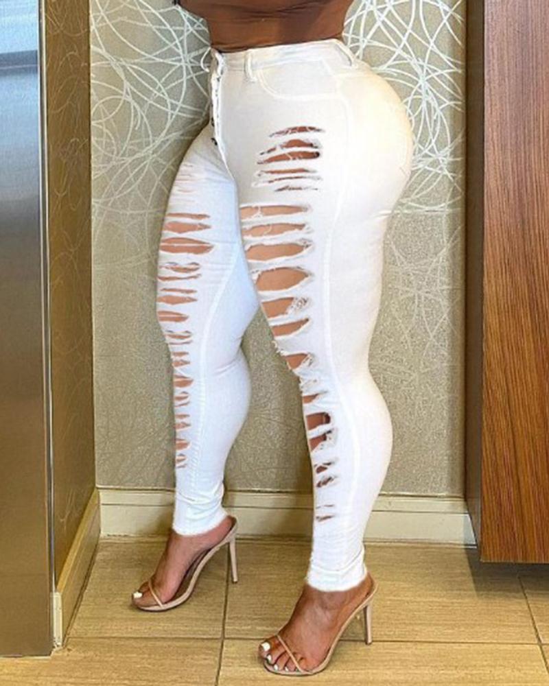 Women Solid Ladder Distressed High Waisted Skinny Jeans-Pinkami