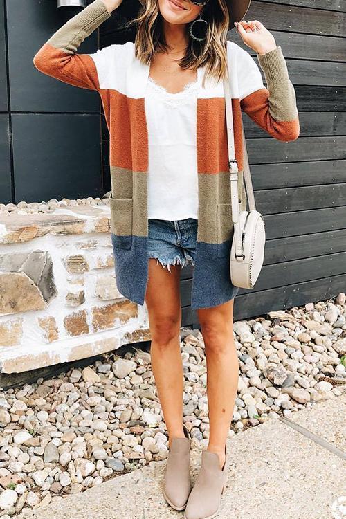 Casual Striped Knit Cardigan-Pinkami