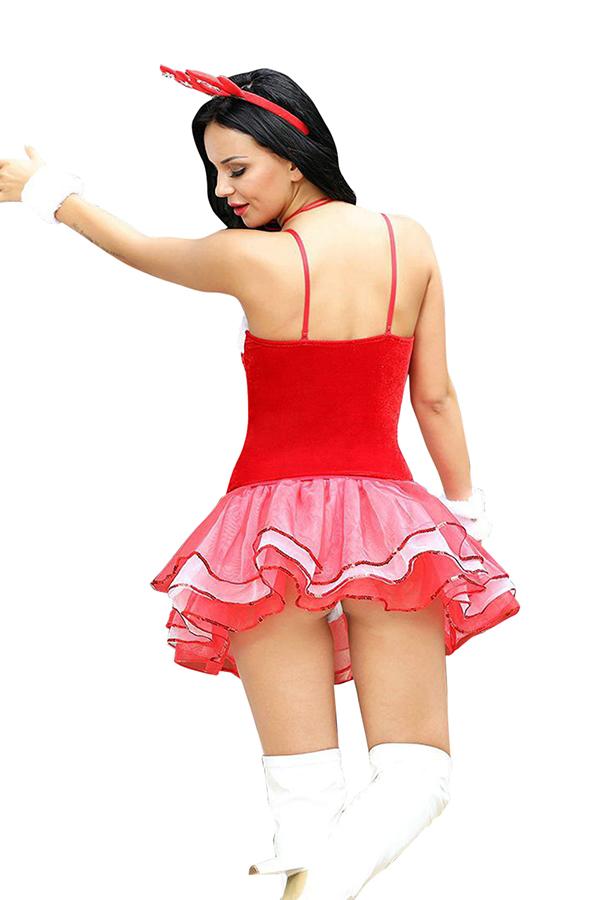 Sexy Sequined Mesh Miss Santa Dress Christmas Costume Red-Pinkami