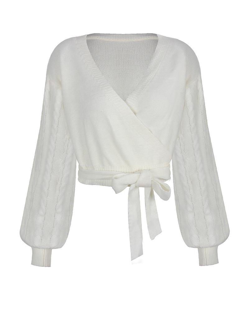 Cable Knit Overlap Self-Tie Sweater-Pinkami