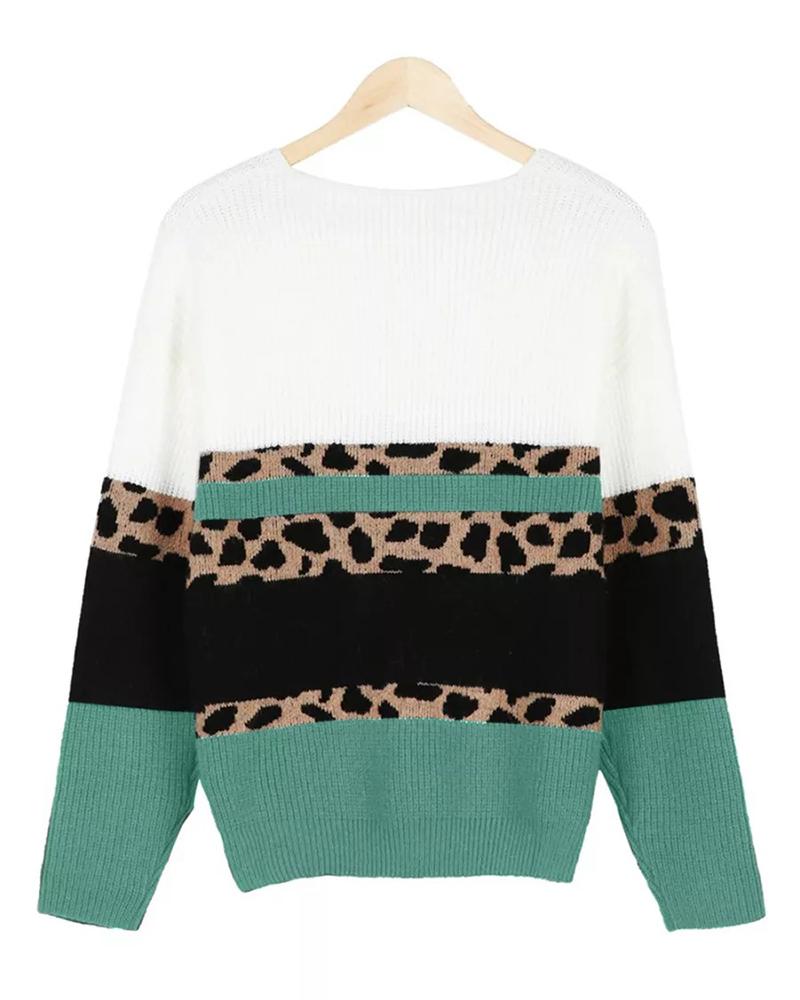 Colorblock Leopard Print Ribbed V Neck Sweater-Pinkami