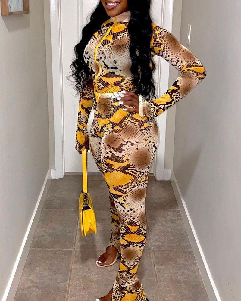 Snakeskin Print Thumb Hole Jacket & Pants Set-Pinkami