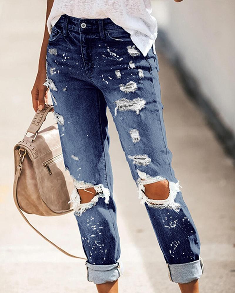 Women Ripped Distressed Mid Waist Straight Leg Jeans-Pinkami