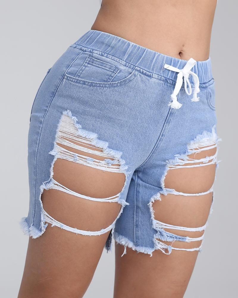 Women Drawstring Waist Distressed Raw Hem Denim Shorts-Pinkami