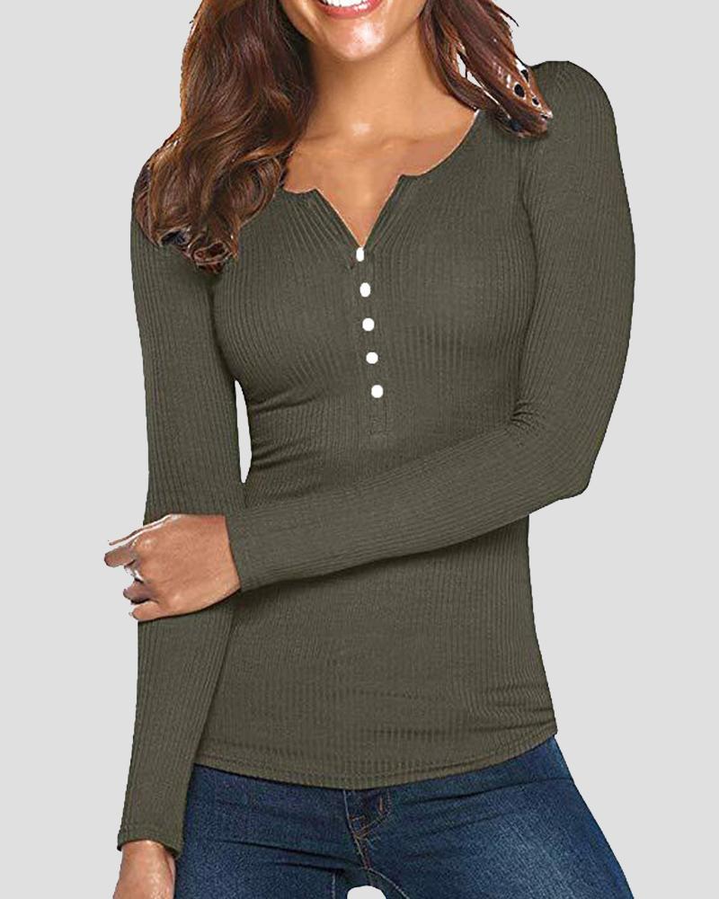 Solid Rib-Knit Button Front Long Sleeve Sweater-Pinkami