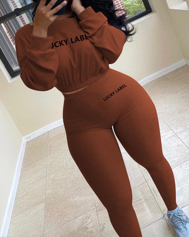 Letter Print Rib-Knit Crop Top & Pants Set-Pinkami