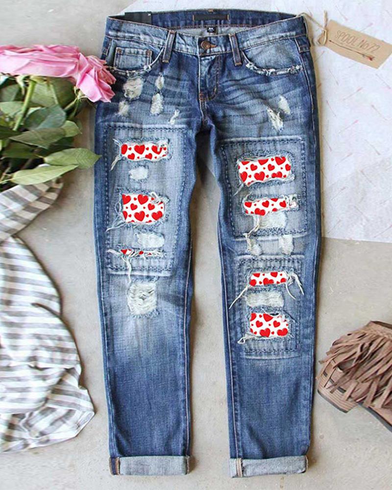 Women Ripped Plaid & Leopard Patch Insert Mid Waist Straight Leg Jeans-Pinkami