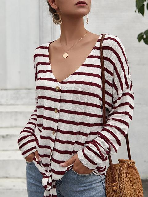 Striped Pattern Button Strap Knit Cardigan-Pinkami