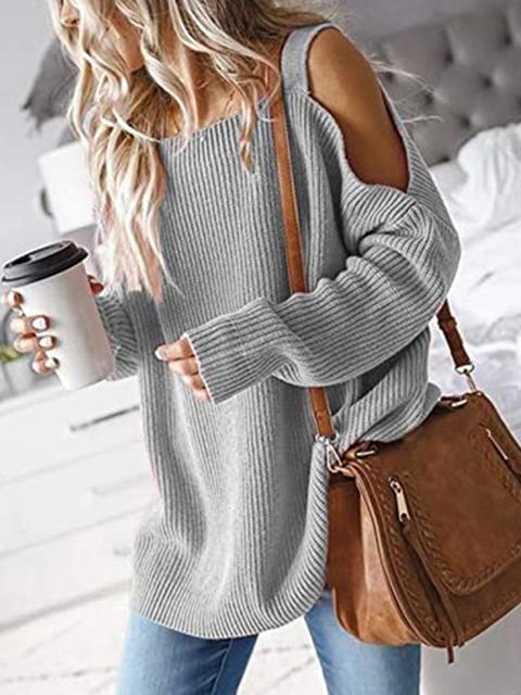 Solid Color Cold shoulder Knit Sweater-Pinkami