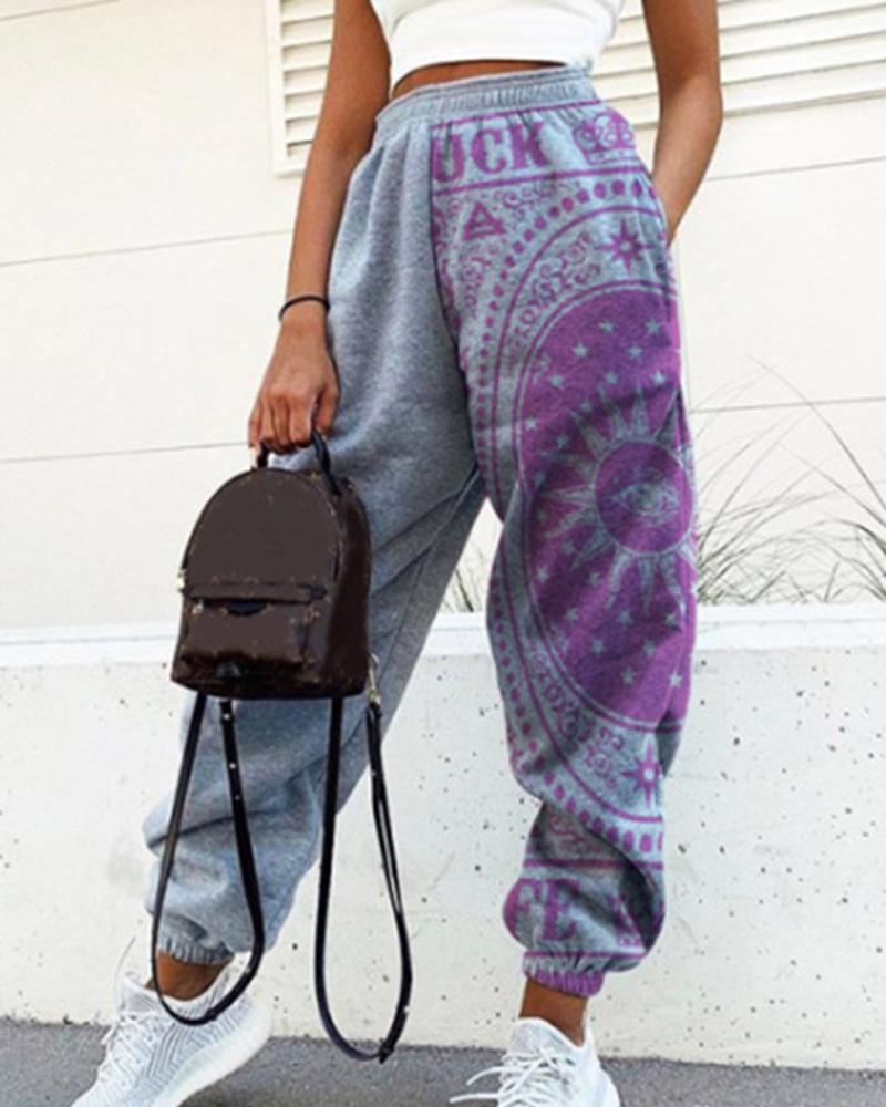 Letter & Graphic Print Pocket Detail Elastic Sports Pants For Women-Pinkami