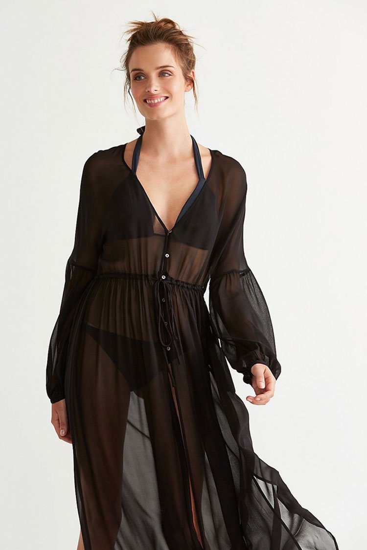 Bishop Sleeve Split Thigh Sheer Chiffon Maxi Cover Up Dress-Pinkami