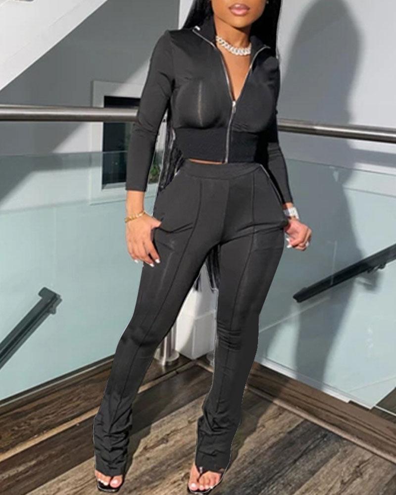 Solid Zip Up Stand Collar Top & Pants Set-Pinkami