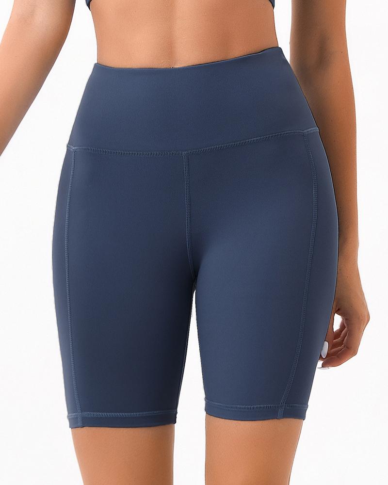 Solid Stitch Trim High Waist Biker Sports Shorts-Pinkami