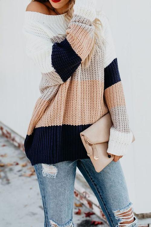 Striped Loose Multi-color Sweater-Pinkami