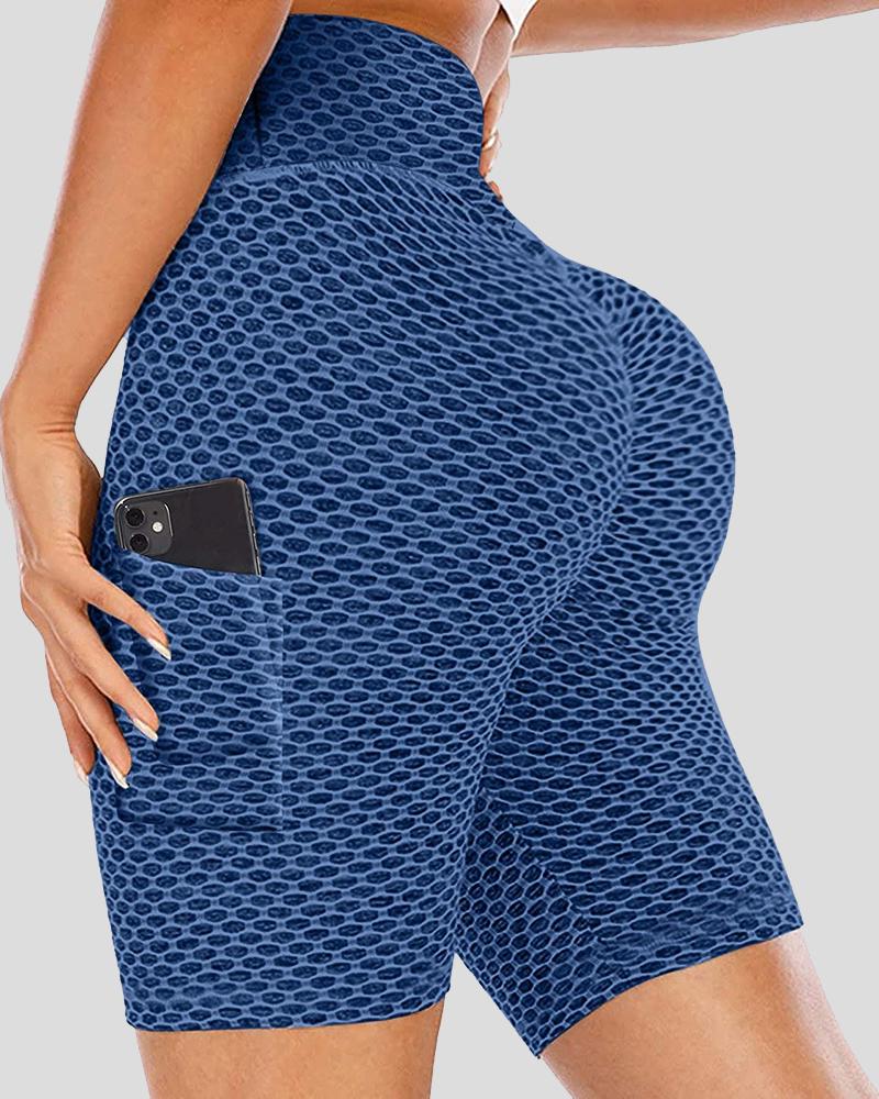 Solid Textured Pocket Decor Butt Lifting Sports Shorts-Pinkami