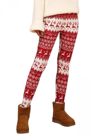 Plus Size Fair Isle Reindeer Leggings Crimson-Pinkami