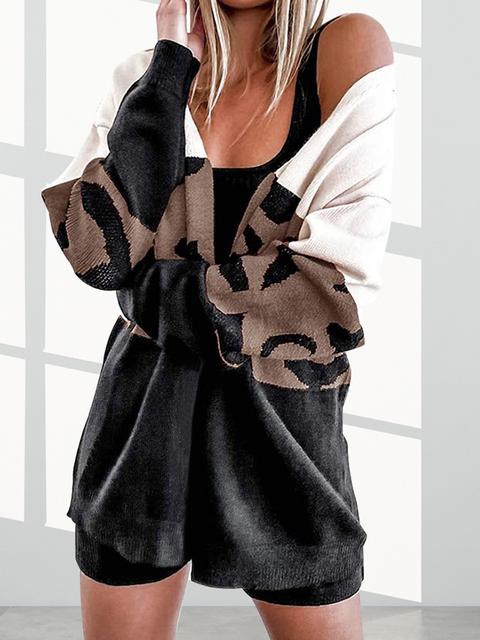 Contrasting Color Leopard Print Cardigan-Pinkami