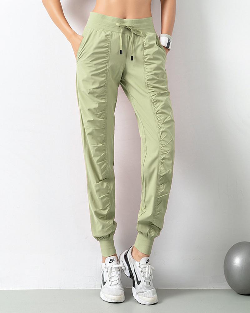 Quick Dry Drawstring Waist Ruched Front Sports Pants For Women-Pinkami