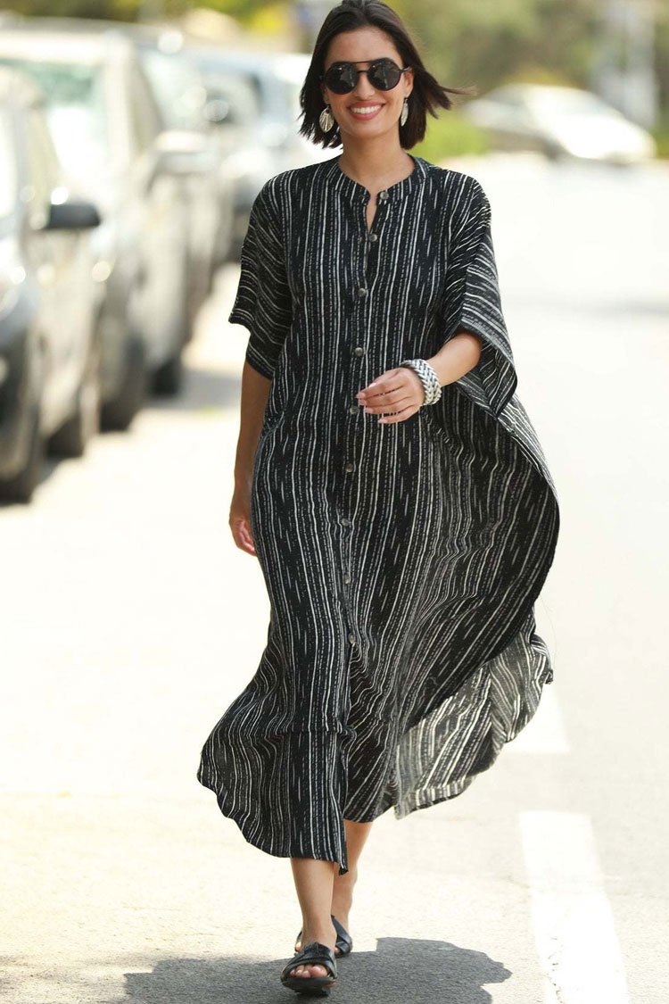 Striped Pocketed Button Front Side Slit Sleeved Maxi Cover Up-Pinkami