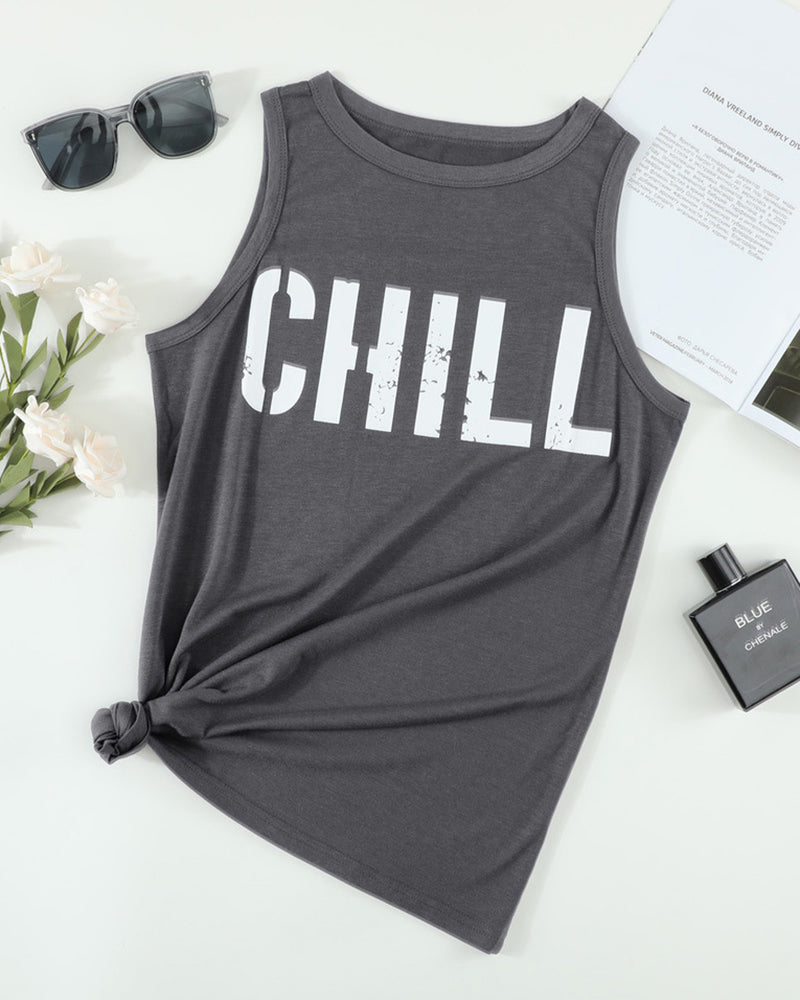 Letter Print Round Neck Tank Top-Pinkami