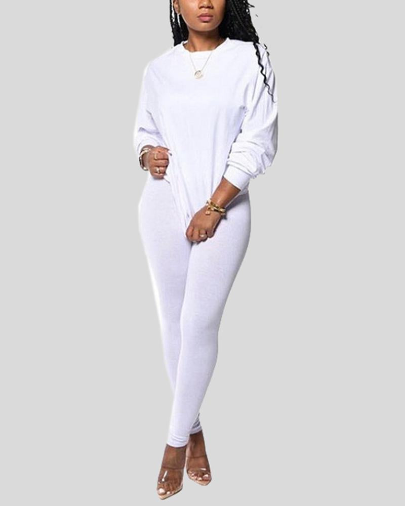 Solid Round Neck Tee & Pants Set-Pinkami