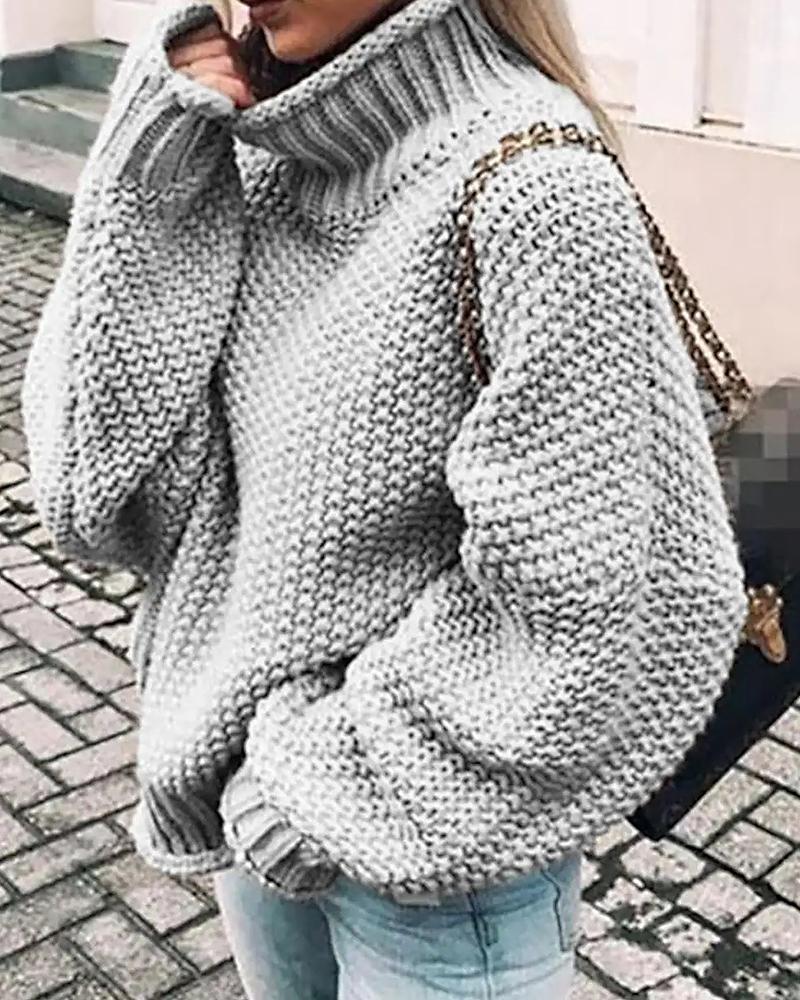 Solid Chunky Knit High Neck Drop Shoulder Sweater-Pinkami