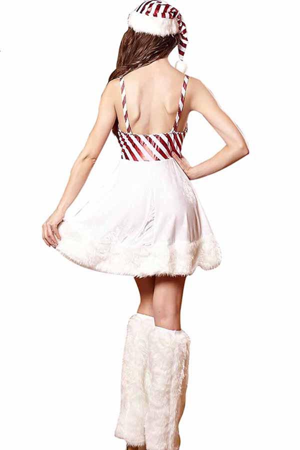 Womens Spaghetti Straps Lillpop Christmas Dress Snowman Costume White-Pinkami