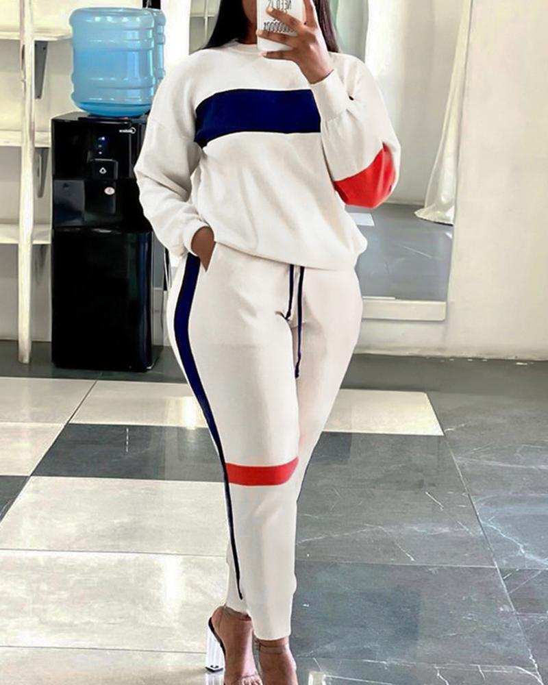 Striped Drawstring Waist Pocket Decor Sweatshirt & Pants Set-Pinkami