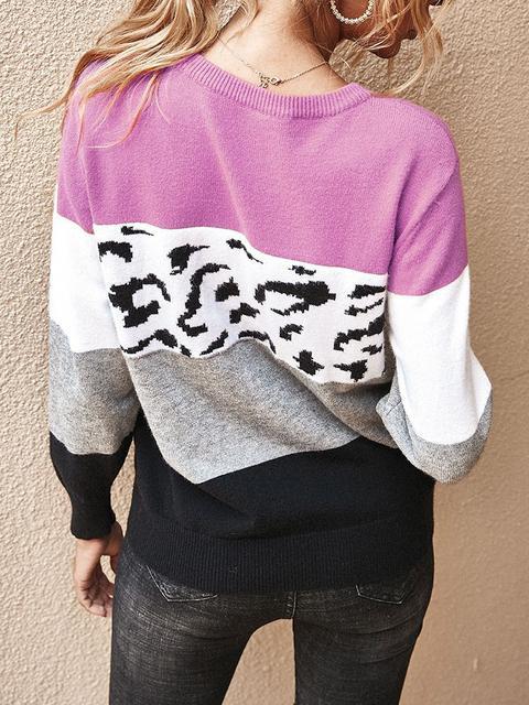 Color Block Leopard Patchwork Sweater-Pinkami