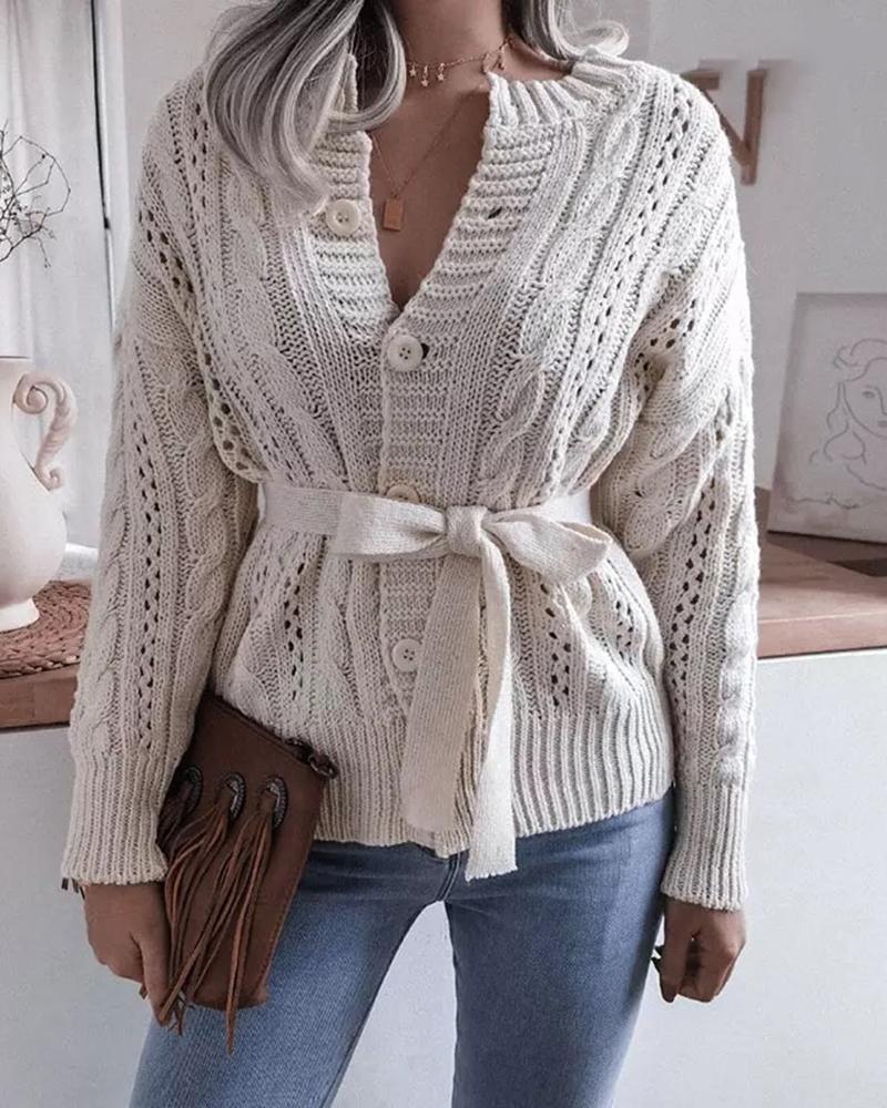 Solid Cable Knit Button Up Self-Tie Sweater-Pinkami