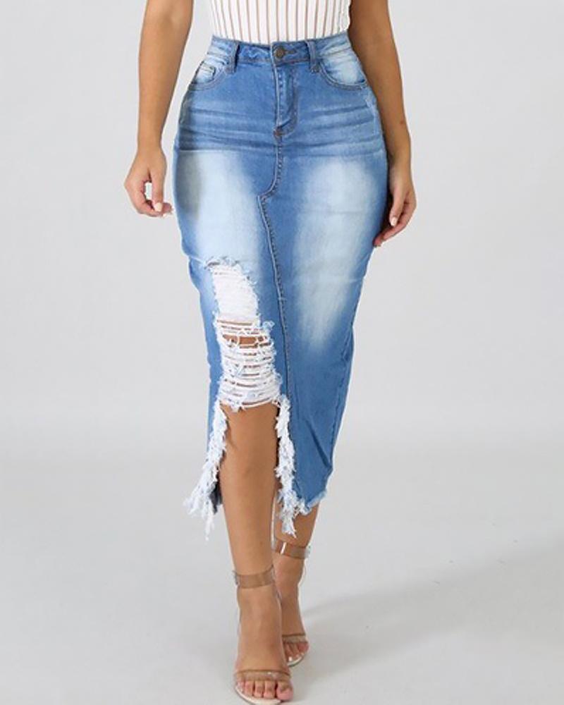 Women Split Side Raw Hem High Waist Denim Skirt-Pinkami