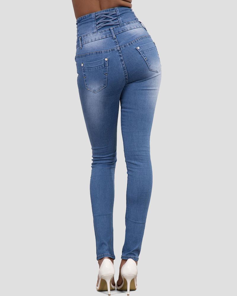 Women Button Front High Waist Skinny Jeans-Pinkami