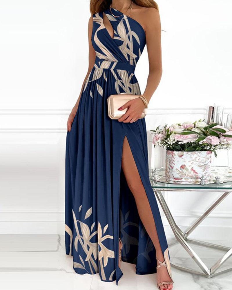 Floral Print Wrap Cut Out Split Thigh One Shoulder Maxi Dress