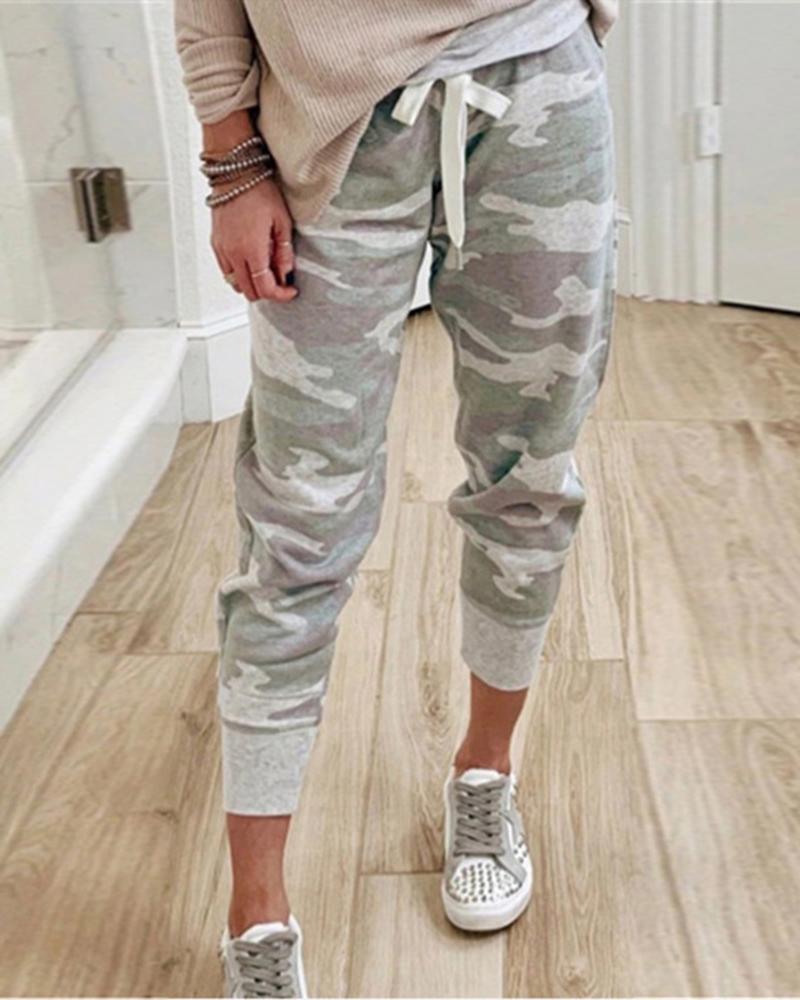 Camo Drawstring Front Pocket Detail Pants For Women-Pinkami