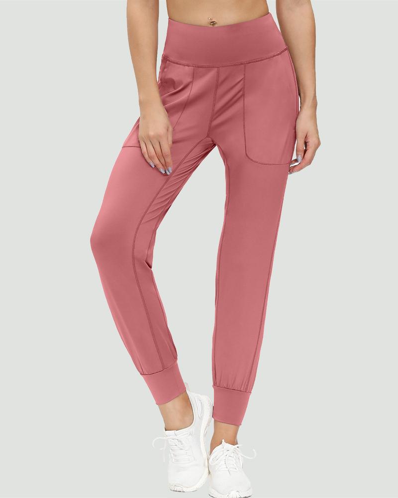 Slant Pocket Wide Waistband Elastic Hem Sports Leggings For Women-Pinkami