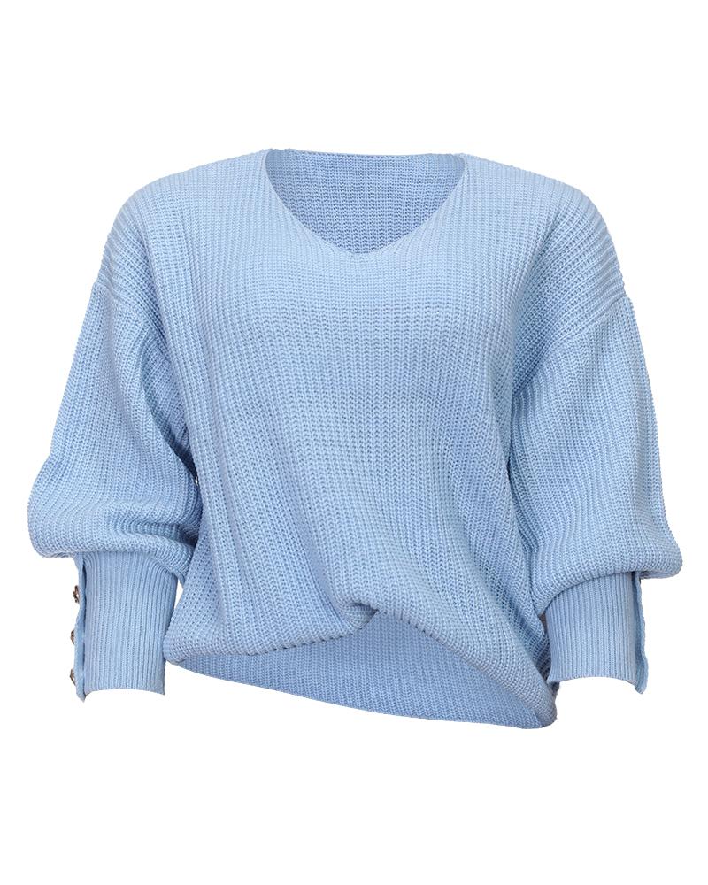 Solid Rib-Knit Button Detail V Neck Top-Pinkami